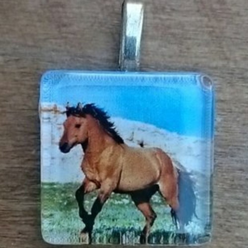 Hand Crafted Glass Tile Buckskin Wild Horse Pendant Necklace Equestrian Gift
